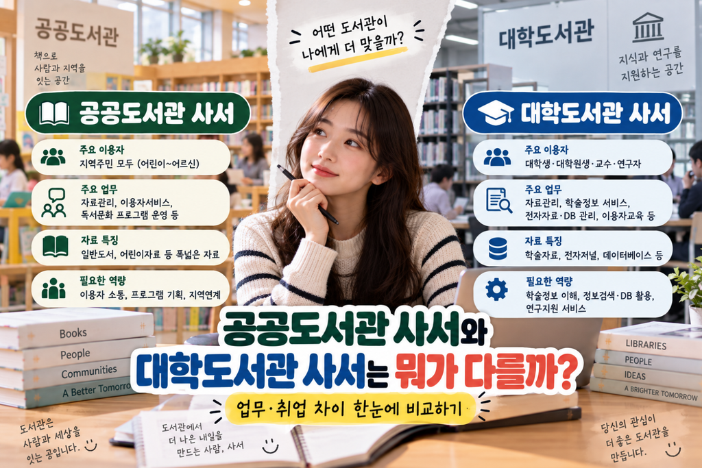 공공도서관 사서와 대학도서관 사서의 주요 이용자, 담당업무, 자료 특징, 필요한 역량과 취업 차이를 비교해 소개하는 이미지